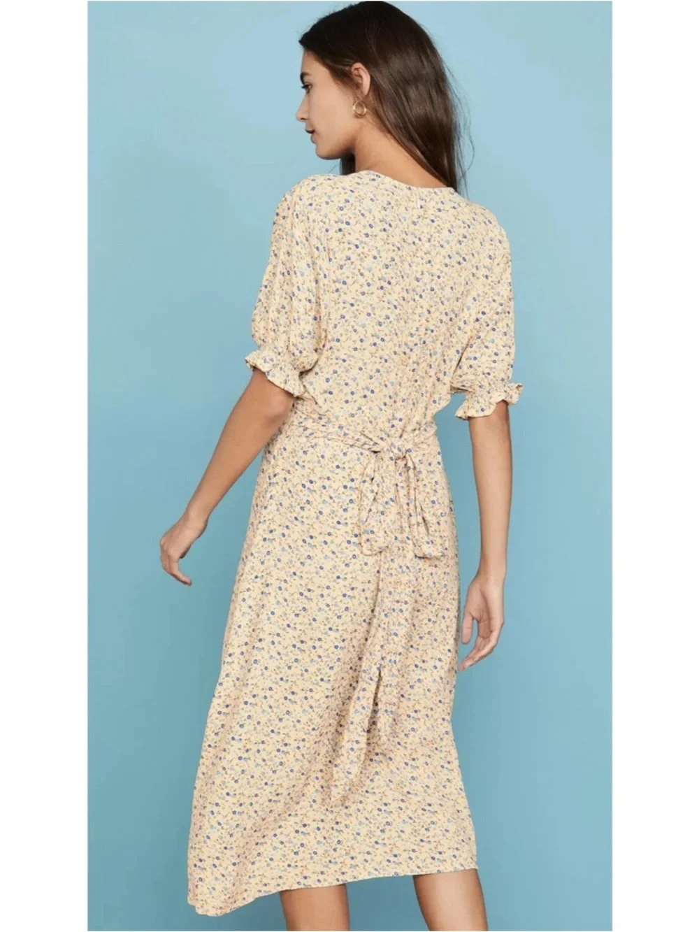 Faithfull the Brand Farrah Midi Dress Cornflower Blue Floral Butter Yellow Large